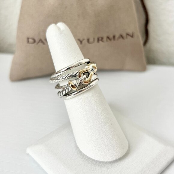 David Yurman Buckle Crossover Ring Sterling Silver & 18K Yellow Gold Size 7US - Picture 1 of 6